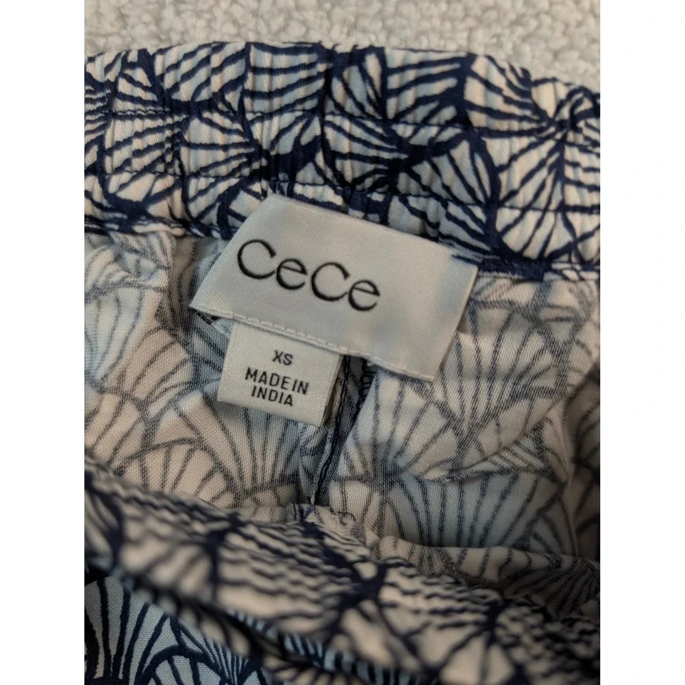 CeCe Womens Wide Leg Pants Navy White Shell Fan Print Elastic Waist XS NWT